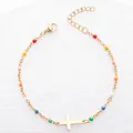 Chevillère croix religieuse avec perles émaillées colorées en acier inoxydable doré 18K - Or + Pierre Multicolore / Bracelet 17+5cm