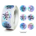 Detailed view of 1-inch holographic thank you stickers with various artistic fonts - Thank You Laser A (T01041150) / 500 Pieces/Pack