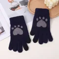 Gants tricotés tactiles bleu foncé avec adorable imprimé de patte de chat grise - À doigts séparés / Bleu Marine