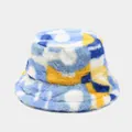 Fuzzy colorful digital print bucket hat in blue and yellow plush material - M (56-58cm) / Style 8