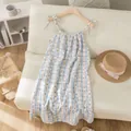 Sweet floral print cotton gauze spaghetti strap nightgown in blue and white stripes - M / Nightdress / Vertical Stripe Bear