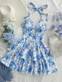 Floral blue and white watercolor rose print halter neck resort dress in flat lay setup - S / Dresses / Sky Blue
