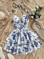Blue and white watercolor rose print halter dress with laced front and tiered skirt. - S / Dresses / Blue