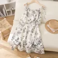 Floral cotton gauze camisole nightdress with elegant summer tie-shoulder straps - M / Nightdress / Ink Black Floral