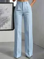 Close-up of light blue high-waisted pinstripe wide-leg trousers for women - XS / Bottoms / Light Blue