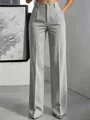 Detailed view of high-waisted grey vertical striped wide-leg trousers for women - XS / Bottoms / Silver