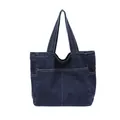 Large capacity dark blue denim tote bag with white stitching and multi-pocket design - Large Capacity Handbag / Dark Blue