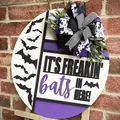 Halloween wooden door sign with purple bat theme and decorative bow hanger - Bat Door Sign