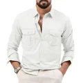 Men's white casual long-sleeve shirt with double chest pockets and slim fit design - S / Tops / White
