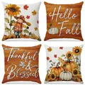 Set of 4 decorative autumn harvest throw pillow covers with pumpkin and sunflower designs - Scarecrow Sunflower Style (FP036-1)