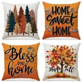 Decorative set of 4 autumn Thanksgiving pillow covers featuring pumpkin and maple prints - Home Sweet Home Holiday Style (FP037-1)