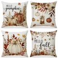 Set of four autumn harvest pumpkin pillowcases with decorative fall leaf prints - Watercolor Pumpkin Sunflower Style (FP042-1)