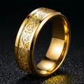 Gold-plated stainless steel ring with intricate dragon pattern inlay, 8mm width design - Gold Plated Gold Base Gold Dragon / US 6