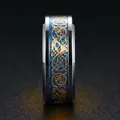 8mm titanium steel ring featuring a blue glitter inlay and golden Celtic dragon pattern - Blue Base Gold Celtic Dragon / US 6