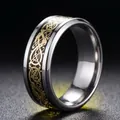 8mm stainless steel ring with golden dragon pattern on black inlay, SKU view - Size 7 / Black Base Golden Pattern Celtic Knot