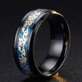 Anillo de acero inoxidable negro con patrón de dragón dorado sobre fondo azul, 8mm - Talla 7 / Negro Base Azul Dragón Dorado