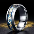 Mens 8mm stainless steel ring featuring blue glitter inlay and a golden dragon pattern - Size 7 / Steel Color Blue Base Golden Dragon