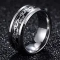 Mens 8mm vintage silver and black stainless steel ring with engraved laser dragon pattern - Size 7 / Steel Color Black Base Silver Dragon
