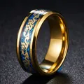 Polished 8mm gold-plated stainless steel ring featuring a vibrant blue dragon inlay pattern - Size 7 / Gold Blue Base Golden Dragon