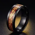 8mm black stainless steel ring with golden dragon inlay over a red background - Size 7 / Black Red Base Golden Dragon