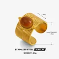 Vintage 18k goud vergulde roestvrijstalen brede ring met bruine amber edelsteen - ZN2225G-1