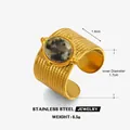 Vintage 18k vergulde roestvrijstalen ring met brede band en ovale natuurstenen inleg - ZN2225G-2