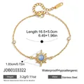 Gold stainless steel sun pendant bracelet with blue resin stone and size details - Sunburst Pendant Bracelet (JDB0103322)
