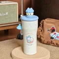 Cute cartoon insulated stainless steel water bottle with cat topper and straw lid - 700ml / Sunflower Vitality Series / Blue