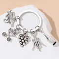 Antique silver wine-themed keychain featuring corkscrew, grapes, and bottle charms. - Antique Silver Wine Culture Pendant (E8125)