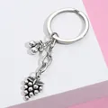 Vintage silver metal keychain featuring detailed grape and cherry fruit charms for car keys - Antique Silver Grape & Cherry Style (E3333)