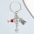 Silver-plated wine themed keychain featuring red wine glass and corkscrew charms - Silver Wine Bottle Opener Style (E4748)