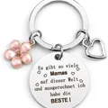 Stainless steel keychain with German mom engraving pink flower and heart charms silver - Style 3