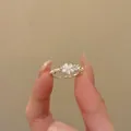 Elegant silver open ring featuring a cat's eye flower, zirconia, and mini pearls - Five-Petal Flower Cat's Eye Open Ring (J898b Style) / J898b Style