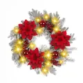 Feestelijke zilveren kerstkrans versierd met rode kerststerren en warme LED-lampjes - 60cm Besneeuwde Krans (Verlicht)