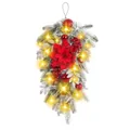 Elegante besneeuwde kerst swag met rode bloemen, kerstballen en warme LED-verlichting - 60cm Druppelvormige Slinger (Verlicht)