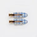 Two blue gingham duckbill hair clips with white flowers and sparkling rhinestones - Blue Floral Plaid