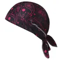 Detailed view of black and pink paisley print stretch pirate cap bandana headwear - One Size / 24# Snowflake Rose Red + Black
