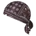Close-up detail of white paisley and snowflake print on brown elastic cycling bandana cap - One Size / 18# Snowflake Coffee
