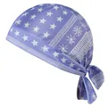Close-up detail of blue elastic pirate hat featuring white star and sun pattern prints - One Size / Star Light Purple