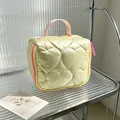 Detailed view of yellow quilted heart pattern cosmetic bag with pink handle - 14.5*8.5*14.5cm / Dark Yellow