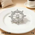 Elegant silver ship wheel brooch with sparkling rhinestones, 3.5cm nautical rudder pin jewelry - Silver Ship Wheel