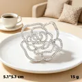 Elegant silver-toned rhinestone rose-shaped brooch variant, 5.1x5.1cm size and 15g weight - Hollow Camellia / Silver