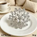 Elegant vintage silver snowflake brooch pin featuring white pearls and sparkling rhinestones - Silver Five Pearls Star