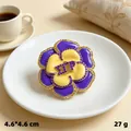 Vintage purple and yellow enamel flower brooch with rhinestones and CC logo, 4.6cm - Gold Yellow Blue Camellia