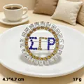 Elegant Sigma Gamma Rho sorority brooch with blue and yellow rhinestones, 4.7cm size - Silver Round Sigma Gamma Rho