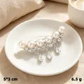 Vintage curved brooch pin with white pearls and dangling teardrop crystals, 5x3cm - Silver Smile White Pearl
