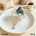 Elegant mountain landscape brooch with pearls and crystal rhinestones in blue green gradient - Gold Mountain Enamel