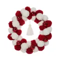Festlicher rot-weißer Bommel-Weihnachtskranz mit Ornamenten und Quaste für die Weihnachtsdeko. - Ohne Licht