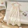 Sweet floral cotton gauze spaghetti strap nightdress for women in beige color - XL / Nightdress / Tulip Rabbit