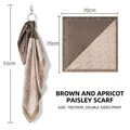 Detail view of brown-apricot paisley square scarf showing 70x70cm dimensions - 70x70 / Brown & Apricot